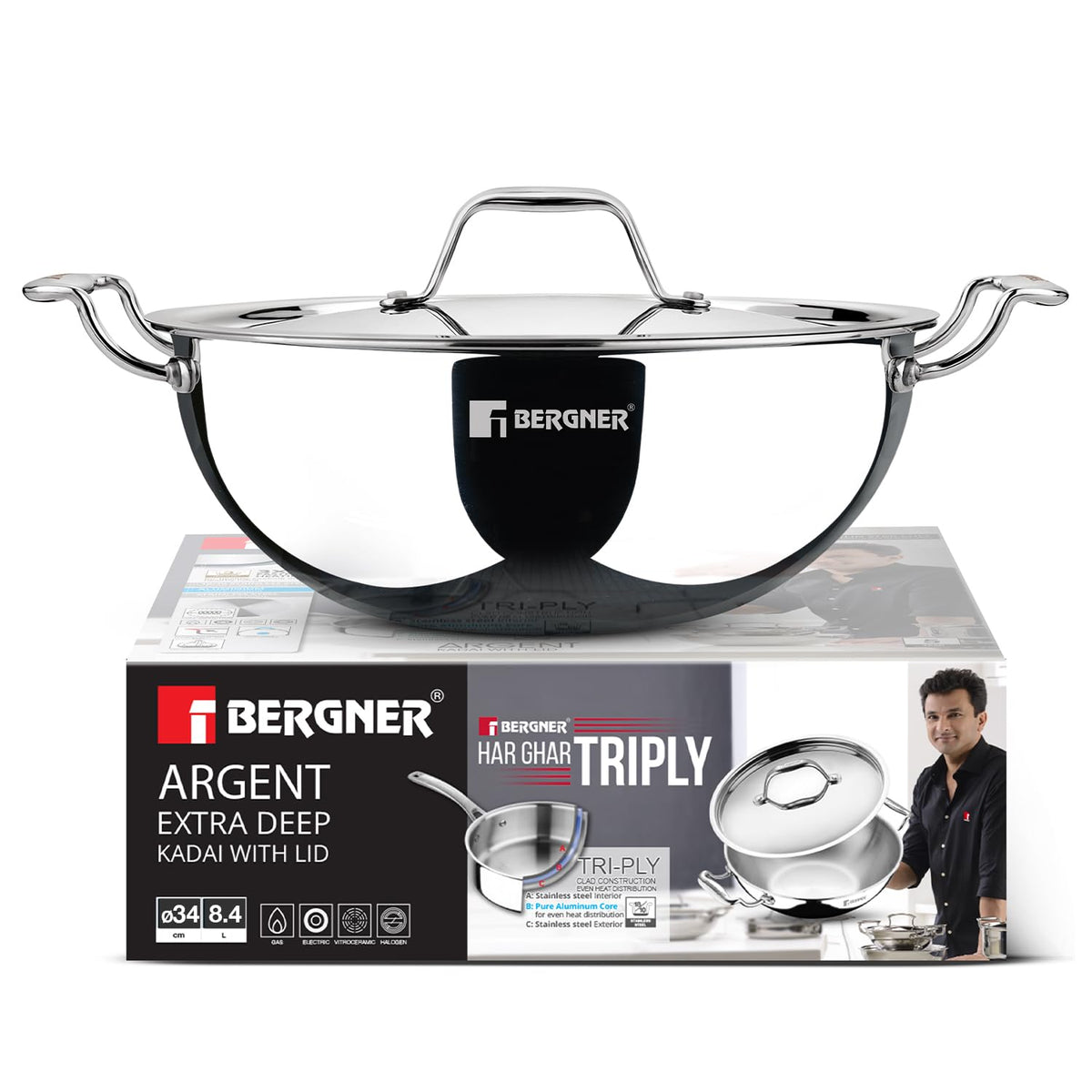 BERGNER Argent Triply 34cm (9.1 Liters) Deep Kadai with Stainless Steel Lid, Consumes Less Oil, Healthy Cooking, Sturdy Stay Cool Cast Handles, Even Heat Distribution - Induction and Gas Stove Ready