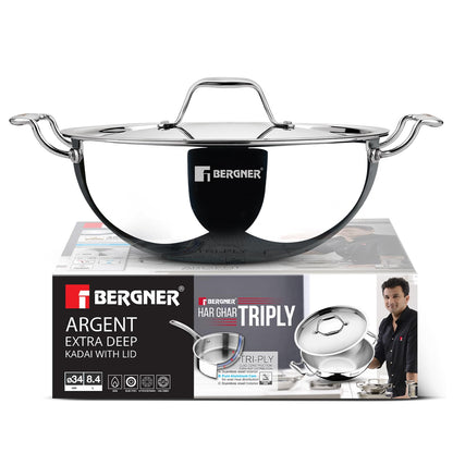 BERGNER Argent Triply 34cm (9.1 Liters) Deep Kadai with Stainless Steel Lid, Consumes Less Oil, Healthy Cooking, Sturdy Stay Cool Cast Handles, Even Heat Distribution - Induction and Gas Stove Ready