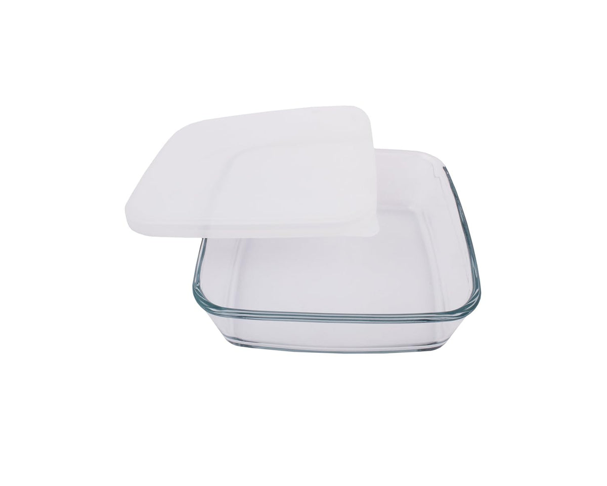 Borosil Baking & Serving Square Shape Dish with White Lid | Borosilicate Glass Bakeware and Serveware Tray | Microwave, Oven & Dishwasher Safe Bowl | Transparent (800 ml)