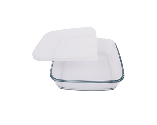 Borosil Baking & Serving Square Shape Dish with White Lid | Borosilicate Glass Bakeware and Serveware Tray | Microwave, Oven & Dishwasher Safe Bowl | Transparent (800 ml)