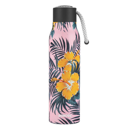 Borosil Hydra Aquasoul Tropical 600 ml Stainless Steel Water Bottle | Double Wall Vacuum Insulated Flask, Leakproof, Wide Mouth with Strap | 12 Hours Hot & Cold | 1 Year Warranty