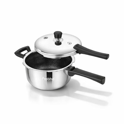 Prabha Stainless Steel Pressure Cooker Outer Lid 1.5 Litre | Tri-Ply Hexa Cube Non-Stick Cookers Manual | Kitchen Cookware Pots & Pans | ISI Certified Fast & Safe Healthy Cooking | Gas & Induction