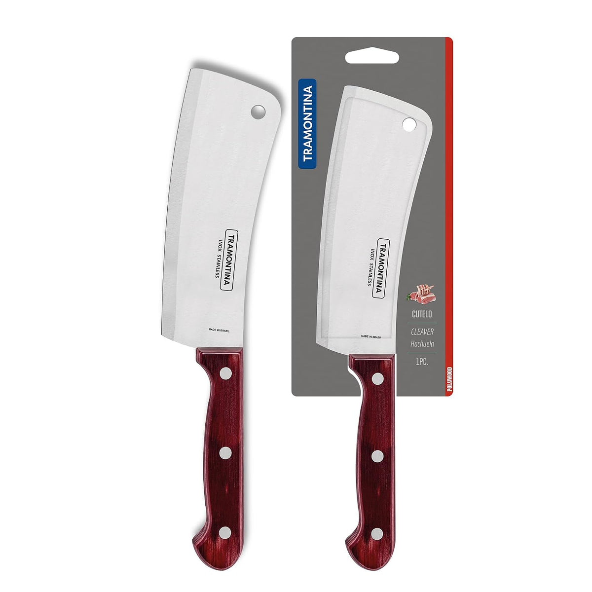 TRAMONTINA Polywood 15.2cm / 6" Cleaver Knife | Stainless Steel Blade | Big Kitchen Knife for Large Vegetables/Fish | Straight/Plain Edge | Treated Wooden Handle | 5 Year Warranty