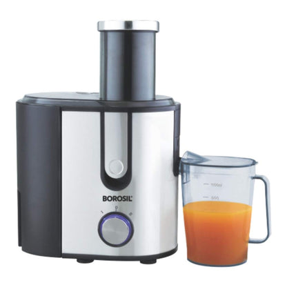 Borosil Primus Juicer, 800 W, Stainless Steel Centrifugal Juicer, 1.1 L Juicer Jug with 2.5 L Pulp Collector, 85 mm Feed Chute, Silver