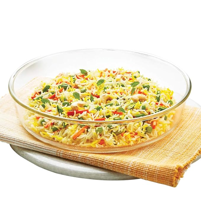 Borosil Baking & Serving Round Shape Fluted Dish | Borosilicate Glass Bakeware and Serveware Tray | Microwave, Oven & Dishwasher Safe Bowl | Transparent (2 L)