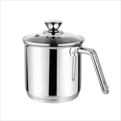 Prabha Stainless Steel Milk Pot with Handle 11cm 1.1 Litre | Milk Boiler Glass Lid Steam Vent | Kitchen Tea Container Water Boiling | Coffee/Milk Warmer, Even & Faster Heating | Induction & Gas Stove.