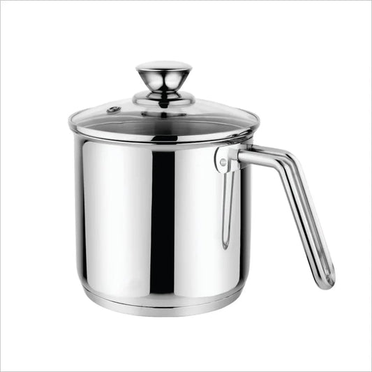 Prabha Stainless Steel Milk Pot with Handle 11cm 1.1 Litre | Milk Boiler Glass Lid Steam Vent | Kitchen Tea Container Water Boiling | Coffee/Milk Warmer, Even & Faster Heating | Induction & Gas Stove.