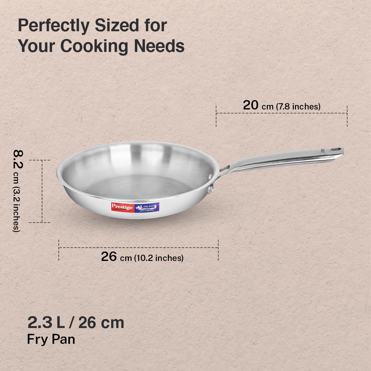 Prestige 26cm/2.3L Tri-Ply Stainless Steel Splendid Fry Pan with Lid|Gas and Induction Compatible|Even Heat Distribution| Thick Gauge Tri-Ply Body|15 Year Warranty