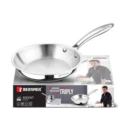 BERGNER Argent TriPly 22cm Frypan/Steel Pan, Scratch Resistant, for Spice Tempering/Seasoning, Less Oil Use, Stay Cool Long Handle, Mirror Finish, Easy to Clean - Induction and Gas Stove Ready
