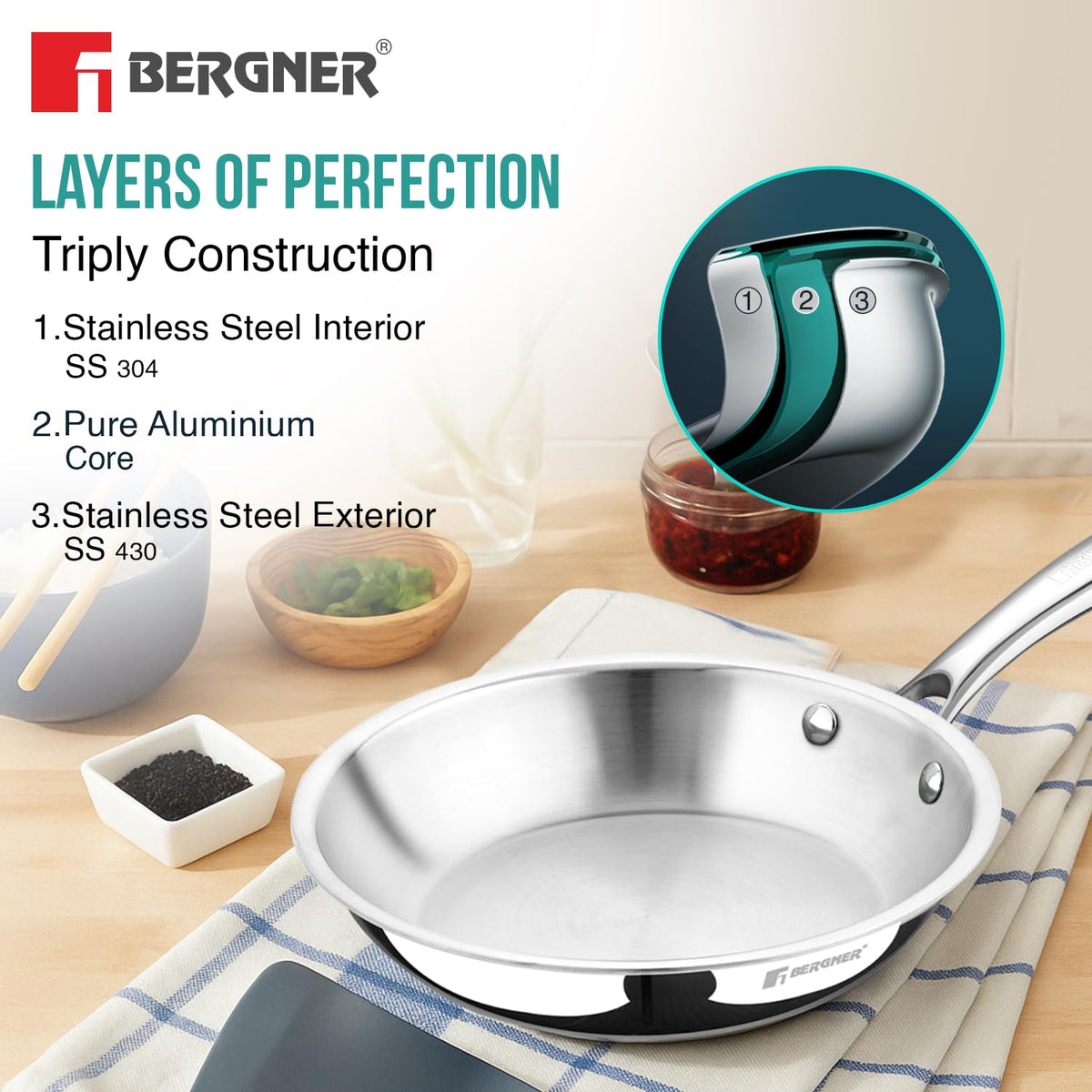 BERGNER Argent TriPly 22cm Frypan/Steel Pan, Scratch Resistant, for Spice Tempering/Seasoning, Less Oil Use, Stay Cool Long Handle, Mirror Finish, Easy to Clean - Induction and Gas Stove Ready