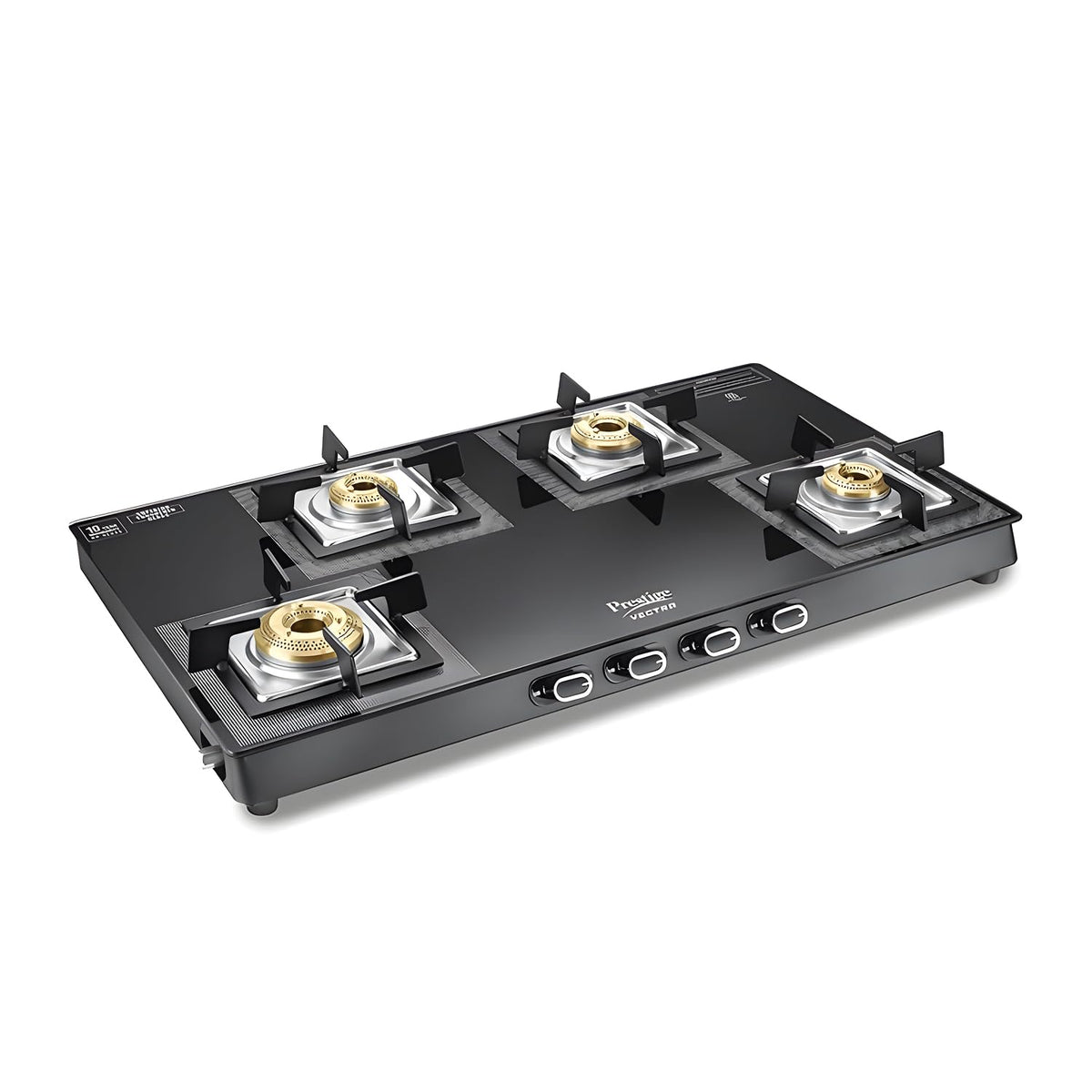 Prestige Vectra 4 Burner Glasstop Gas Stove|Superior Toughened Glass|Jumbo Brass Burner|3-Way Gas Inlet|360 Degree Revolving Nozzle|10 Years Warranty on Glass|Black,Manual
