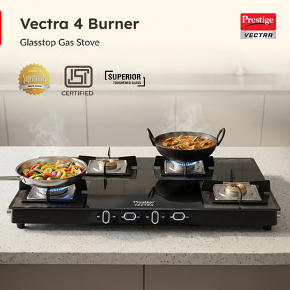 Prestige Vectra 4 Burner Glasstop Gas Stove|Superior Toughened Glass|Jumbo Brass Burner|3-Way Gas Inlet|360 Degree Revolving Nozzle|10 Years Warranty on Glass|Black,Manual