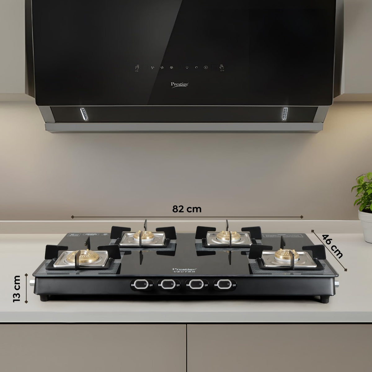 Prestige Vectra 4 Burner Glasstop Gas Stove|Superior Toughened Glass|Jumbo Brass Burner|3-Way Gas Inlet|360 Degree Revolving Nozzle|10 Years Warranty on Glass|Black,Manual