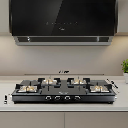 Prestige Vectra 4 Burner Glasstop Gas Stove|Superior Toughened Glass|Jumbo Brass Burner|3-Way Gas Inlet|360 Degree Revolving Nozzle|10 Years Warranty on Glass|Black,Manual