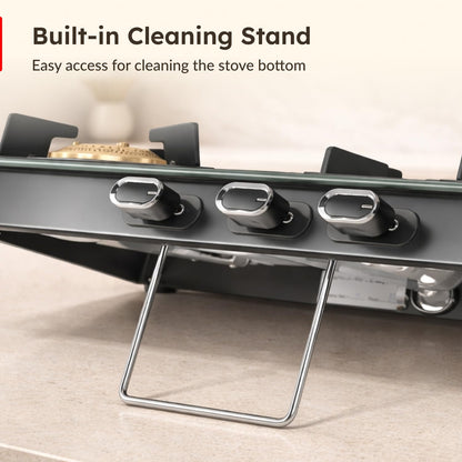Prestige Vectra 4 Burner Glasstop Gas Stove|Superior Toughened Glass|Jumbo Brass Burner|3-Way Gas Inlet|360 Degree Revolving Nozzle|10 Years Warranty on Glass|Black,Manual