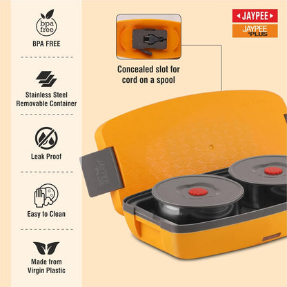 Jaypee Plus Hotpot Electric Lunch Box with 2 Removable Stainless Steel Containers 250 ml x2 with Power Cord |Air Vent on Lid |Leakproof Silicon Seal|LED Indicator |Shockproof | Yellow
