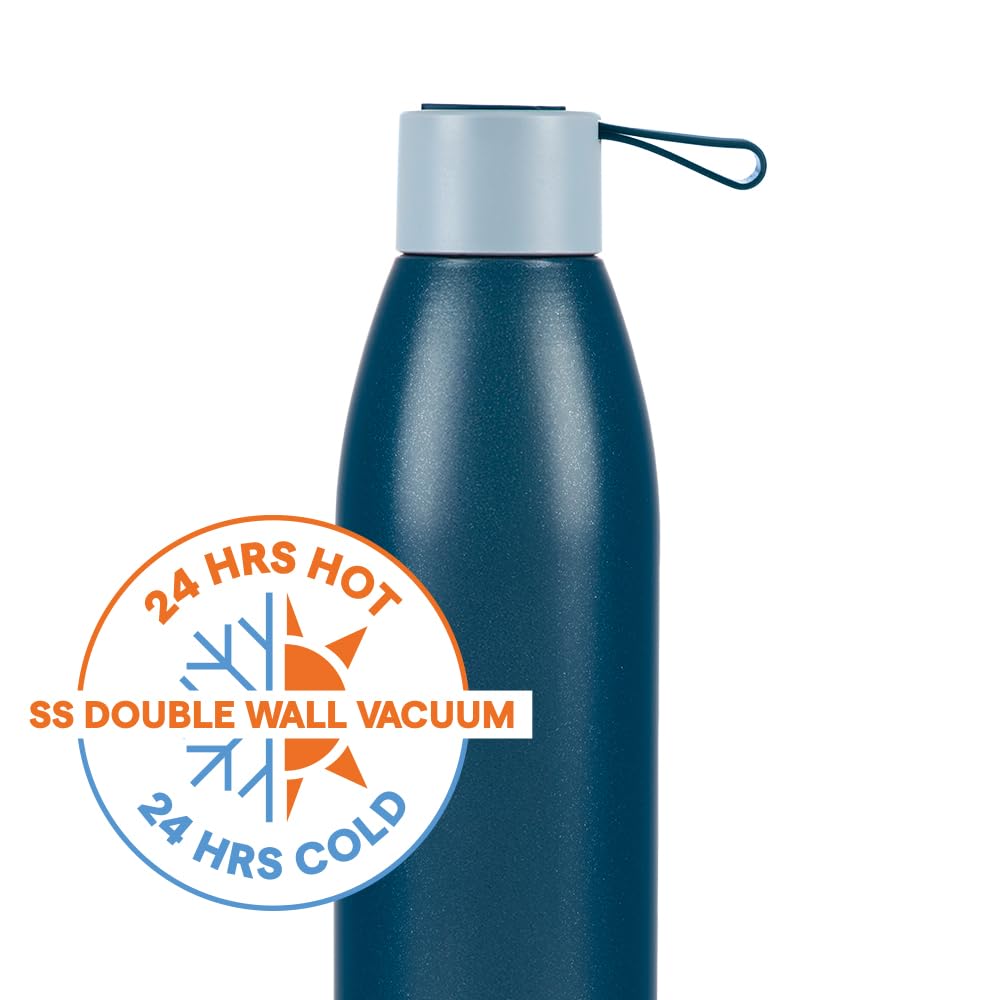 Borosil Hydra 900ml Duomate Blue Stainless Steel Bottle | 24 Hours Hot and Cold Double Wall Vacuum Insulated with Copper Coating | 1 Year Warranty