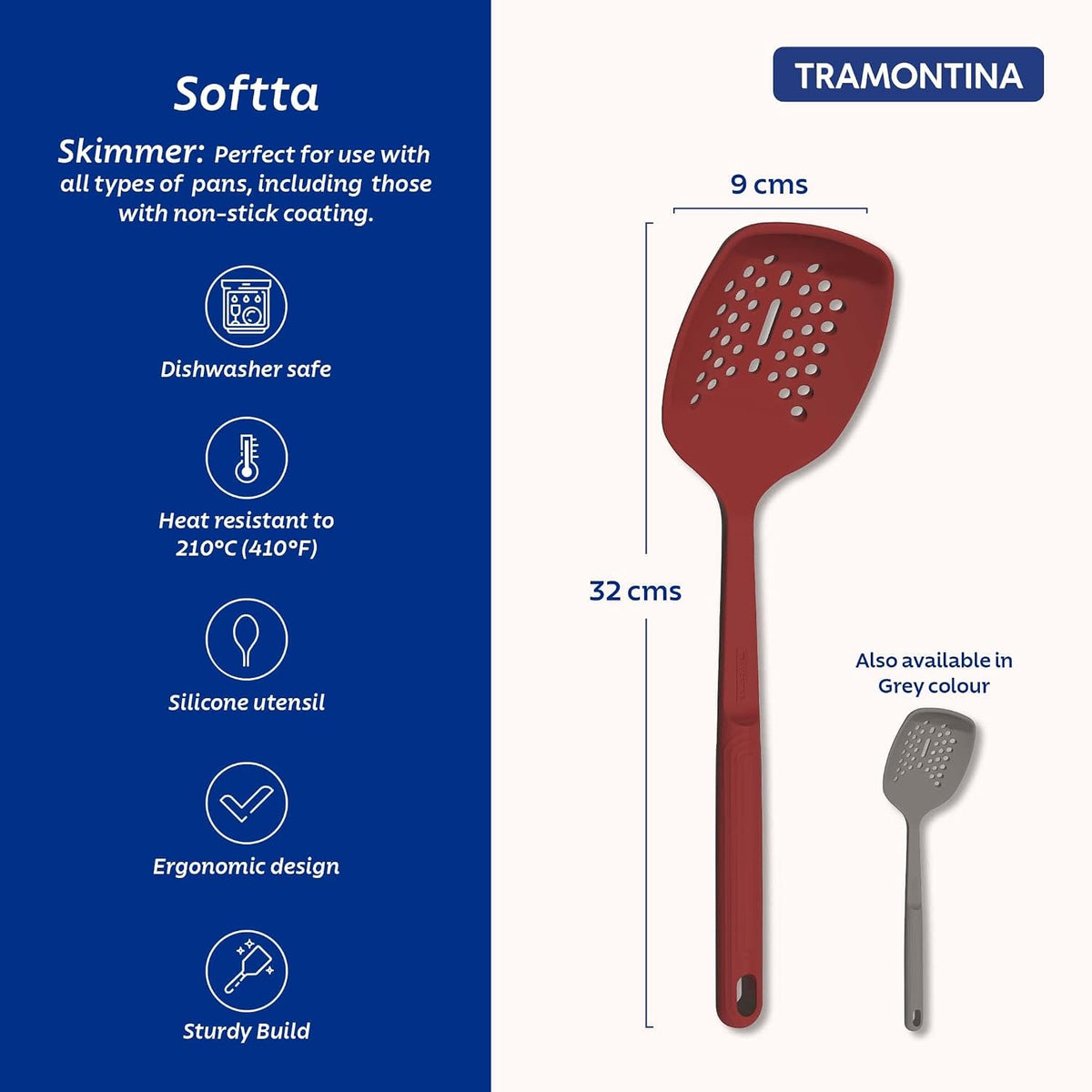 Tramontina Softta Red Silicone Skimmer – Heat‑Resistant to 210°C – Safe for Nonstick & Ceramic Cookware – Perfect for Frying, Skimming & Serving