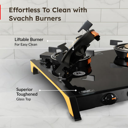 Prestige Svachh Glass Top Gas Stove with 4 Liftable Brass Burners for easy cleaning(GTSB-04)|Jumbo Brass Burner|Sturdy pan support|2 years warranty|5 years warranty on glass