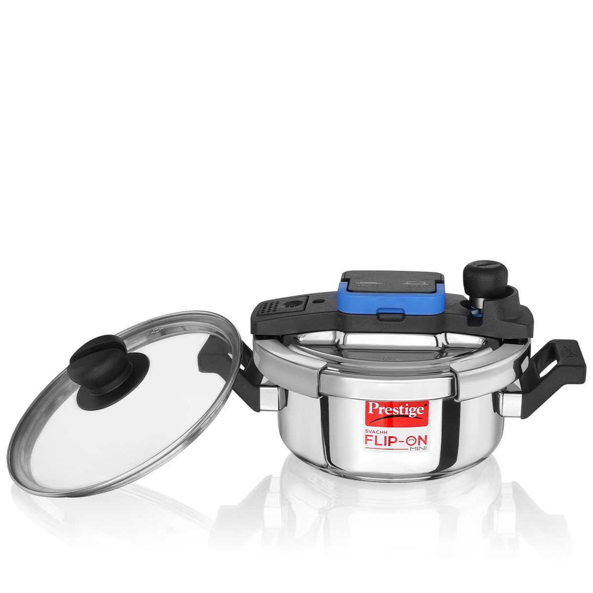 Prestige 2L Svachh FLIP-ON Mini Stainless Steel Pressure Cooker with glass lid|Innovative lock lid with spillage control|Gas & Induction compatible|5 years warranty|Silver