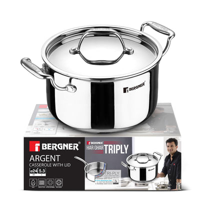Bergner Argent Triply Stainless Steel 24cm Casserole with Stainless Steel Lid, 5.3 Liters Casserole, Stay Cool Cast Handle, Less Oil Use, Healthy Cooking, Food Safe Durable - Induction and Gas Ready