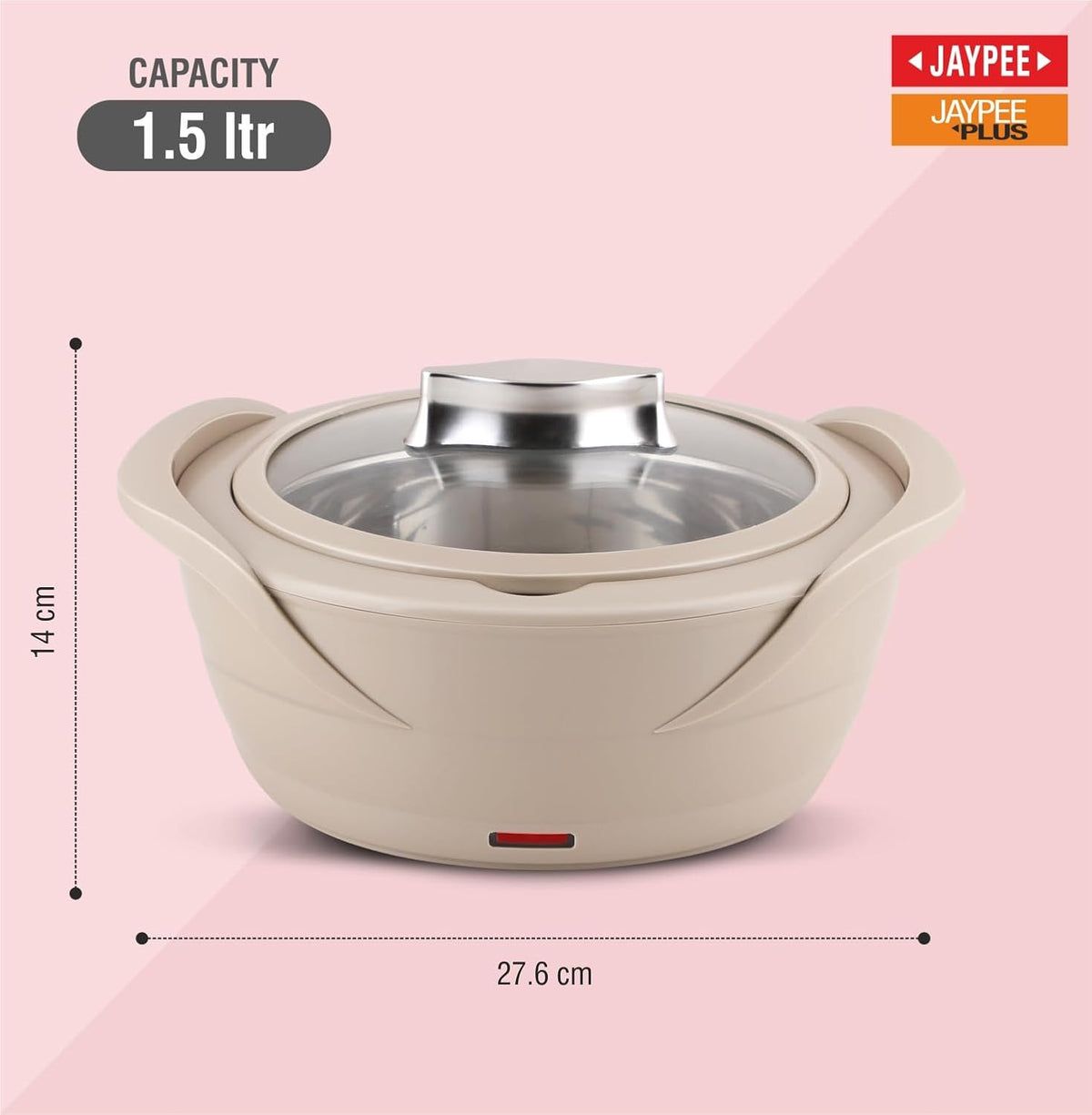 Jaypee Plus Power Serve Inner Stainless Steel Electric Casserole with Glass Lid, 1500 ml, Removable Steel Bowl for Easy Cleaning |Food Grade Serving Set | Hot Pot | Ideal for Serving Warm Dish, Beige