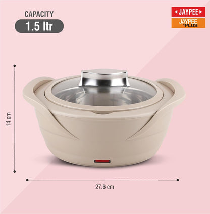 Jaypee Plus Power Serve Inner Stainless Steel Electric Casserole with Glass Lid, 1500 ml, Removable Steel Bowl for Easy Cleaning |Food Grade Serving Set | Hot Pot | Ideal for Serving Warm Dish, Beige