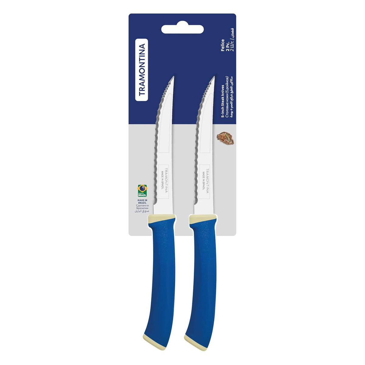 TRAMONTINA Felice Steak Knife Set – 2 Micro-Serrated Stainless Steel Blades – Heat-Treated for Long-Lasting Edge – Blue Polypropylene Handles – Ideal for Cutting Steak & Meats