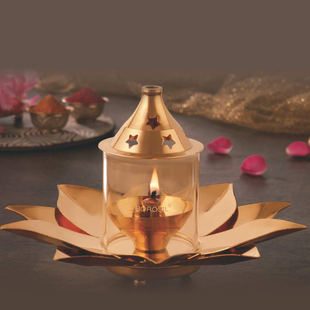 Borosil Small Size Kamal Diya Decorative Brass Glass Oil Lamp | Tea Light Holder | Diya with Borosilicate Glass | Puja Dia for Mandir | Lantern Diya with Glass Cover