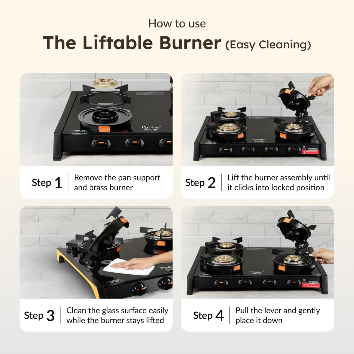 Prestige Svachh Glass Top Gas Stove with 4 Liftable Brass Burners for easy cleaning(GTSB-04)|Jumbo Brass Burner|Sturdy pan support|2 years warranty|5 years warranty on glass
