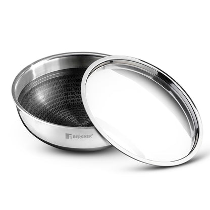 Bergner Hitech Triply Non-Stick 20 cm Tasla, 1.5 L Tasra with Non-Stick Mesh Pattern Inside, Rivetless Handle, Metal Spatula Friendly, Even Heat Distribution, Induction Bottom and Gas Stove Ready