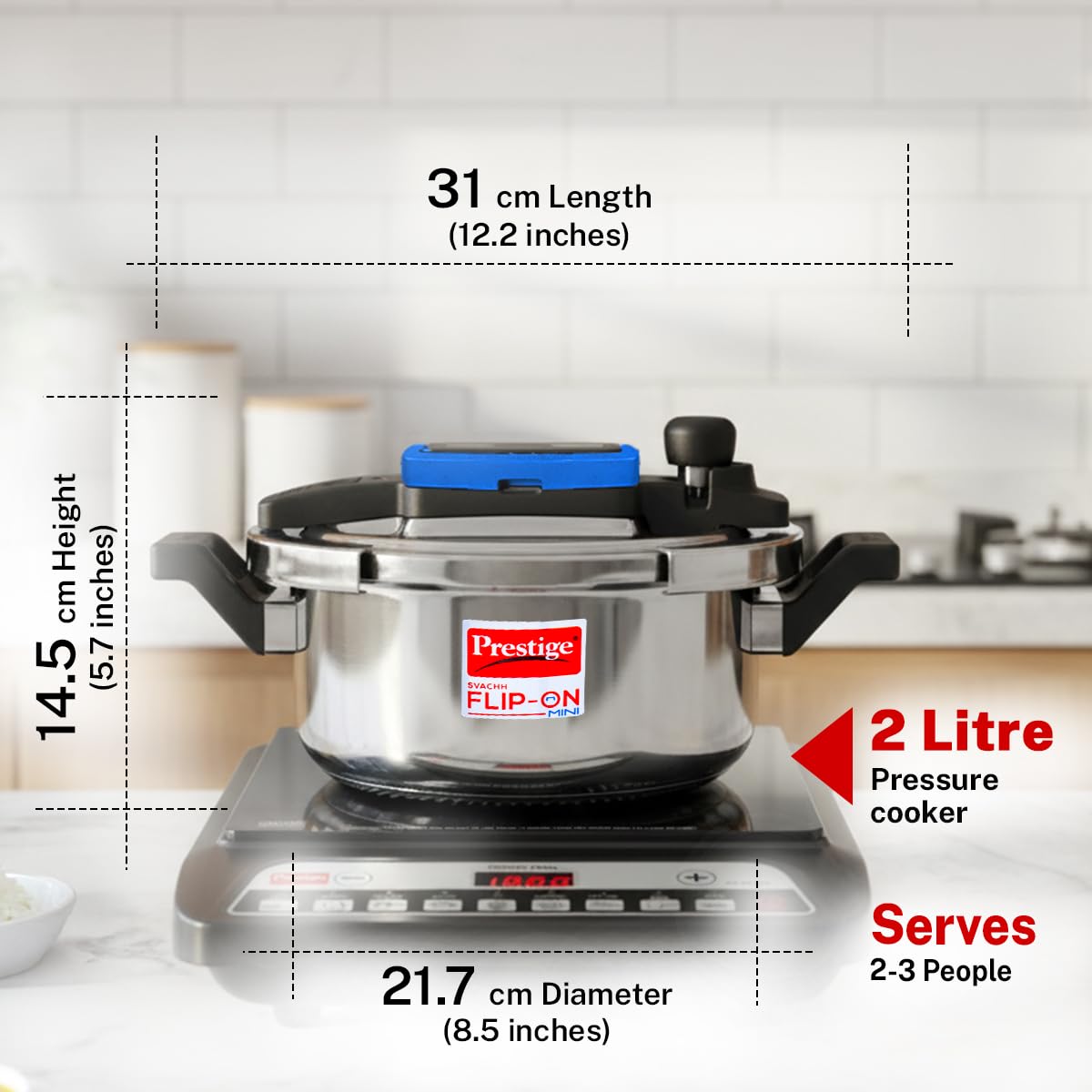 Prestige 2L Svachh FLIP-ON Mini Stainless Steel Pressure Cooker with glass lid|Innovative lock lid with spillage control|Gas & Induction compatible|5 years warranty|Silver