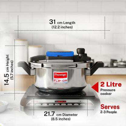 Prestige 2L Svachh FLIP-ON Mini Stainless Steel Pressure Cooker with glass lid|Innovative lock lid with spillage control|Gas & Induction compatible|5 years warranty|Silver