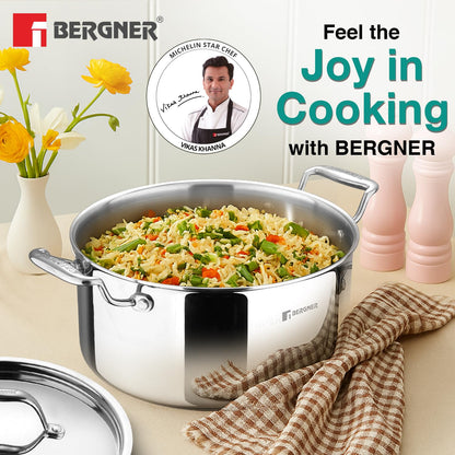Bergner Argent Triply Stainless Steel 24cm Casserole with Stainless Steel Lid, 5.3 Liters Casserole, Stay Cool Cast Handle, Less Oil Use, Healthy Cooking, Food Safe Durable - Induction and Gas Ready