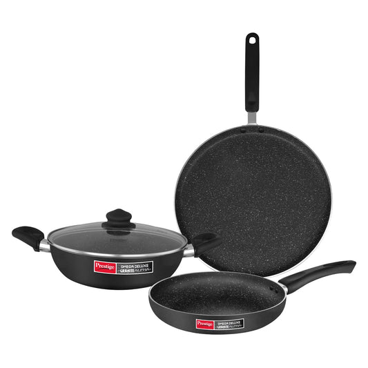 Prestige Omega Deluxe Granite Alpha 3Piece BYK Non-Stick Cookware Set| Kadai 24cm with Glass Lid, Omni Tawa 28cm & Fry Pan 24cm| Gas & Induction Compatible| 5 Layer Non-Stick Coating|Black