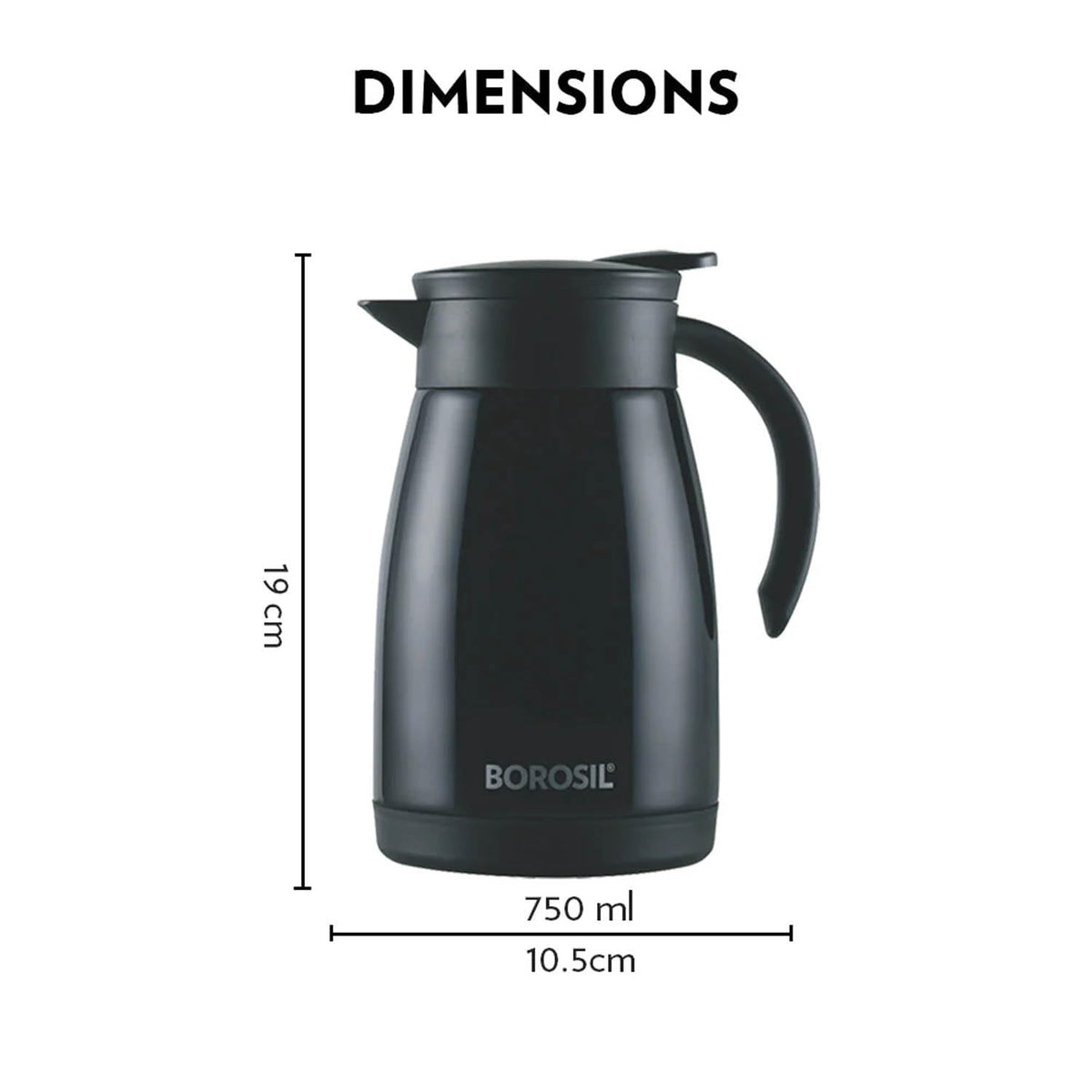 Borosil Stainless Steel Teapot with Handle | Double Wall Vacuum Insulated Thermosteel Carafe | BPA Free Jug for Tea/Coffee & Juice | 18 Hours Hot & 24 Hours Cold | 1 Year Warranty (Black, 750ml)