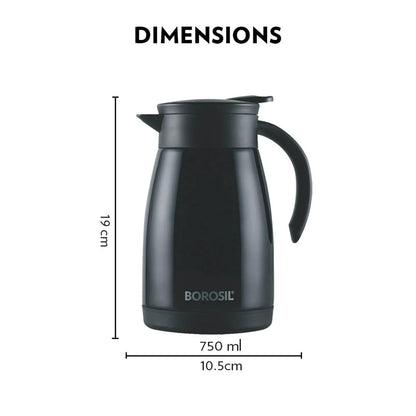Borosil Stainless Steel Teapot with Handle | Double Wall Vacuum Insulated Thermosteel Carafe | BPA Free Jug for Tea/Coffee & Juice | 18 Hours Hot & 24 Hours Cold | 1 Year Warranty (Black, 750ml)
