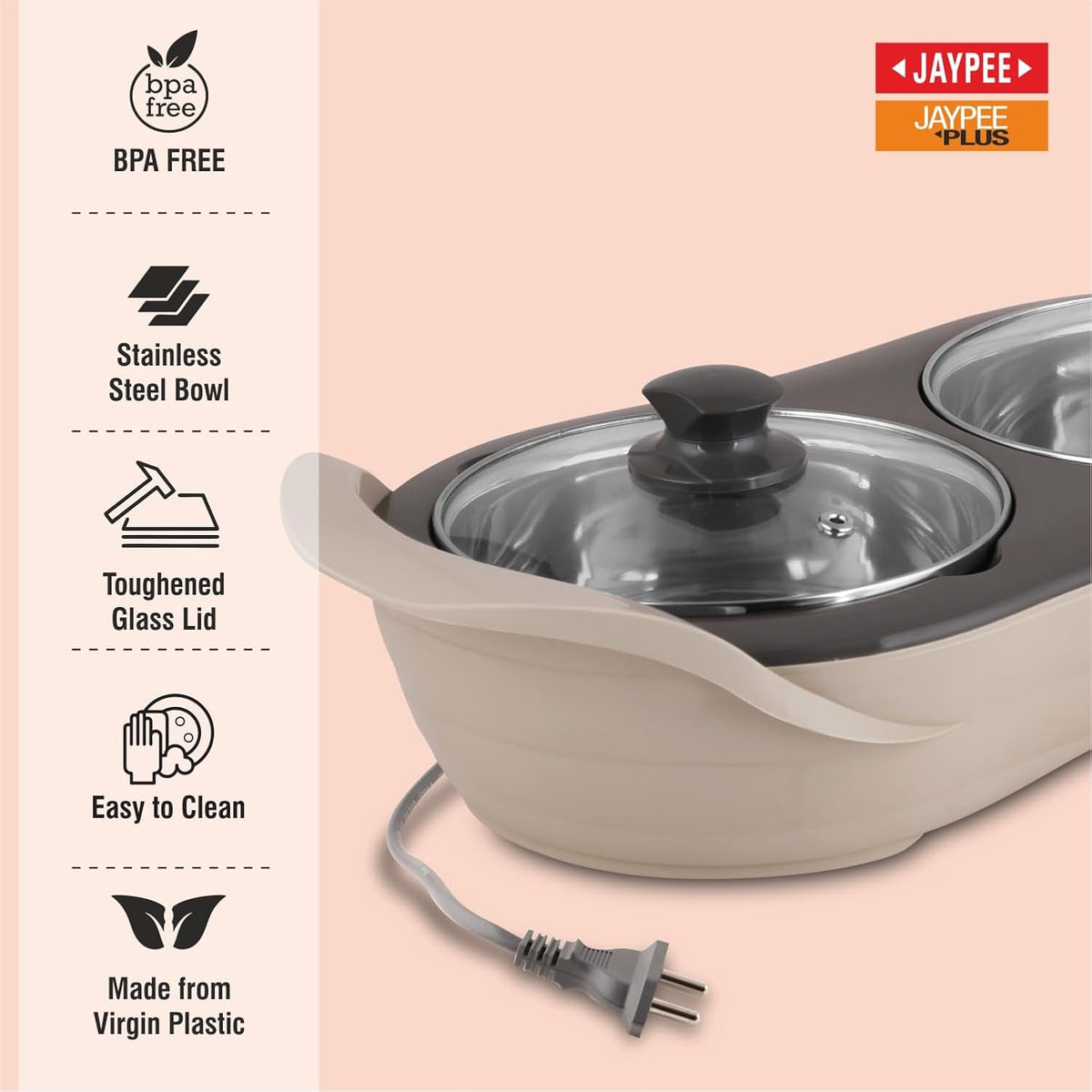 Jaypee Plus 1150 ml +1150 ml Stainless Steel Electric Casserole Set | Shockproof, Rustproof | 2 in 1 Electric Bowl for Food Warmer & Buffet Server - (Beige)