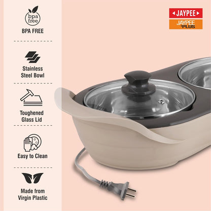 Jaypee Plus 1150 ml +1150 ml Stainless Steel Electric Casserole Set | Shockproof, Rustproof | 2 in 1 Electric Bowl for Food Warmer & Buffet Server - (Beige)