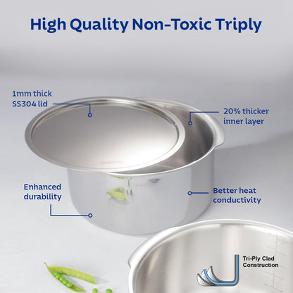 Tramontina Aeion Triply 28cm / 8.7 L Stainless Steel Tope with Lid | Healthy, Non Toxic Topia | Extended Grip | Steel Bhagona | Tapeli | Boiling Milk/Water Patila | NSF Certified | 10 Year Warranty
