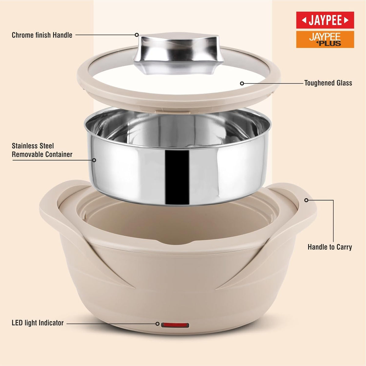 Jaypee Plus Power Serve Inner Stainless Steel Electric Casserole with Glass Lid, 1500 ml, Removable Steel Bowl for Easy Cleaning |Food Grade Serving Set | Hot Pot | Ideal for Serving Warm Dish, Beige