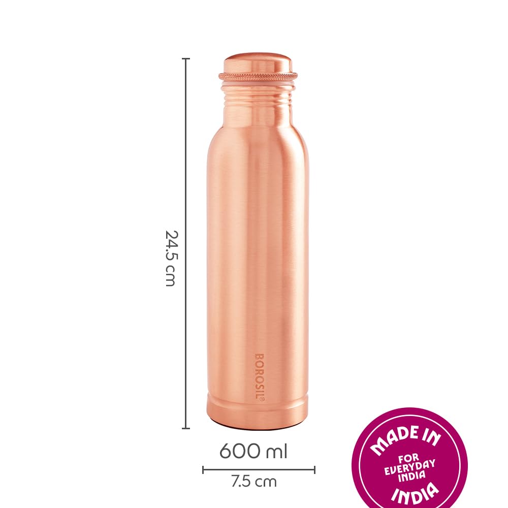 Borosil 600 ml Thirtha Copper Bottle, 100% Pure Copper, BPA Free & Leakproof with Anti-Oxidant Properties of Copper Bottle for Home, School & Office