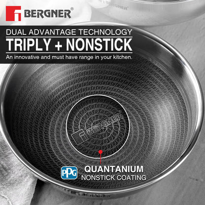 BERGNER Hi-Tech Giro Triply Tasra 24cm (2.6L) with Stainless Steel Lid, Honeycomb Mesh Non-Stick Coating, PFOA Free, Consumes Less Oil, Healthy Cooking, Even Heat Distrubtion - Induction Bottom