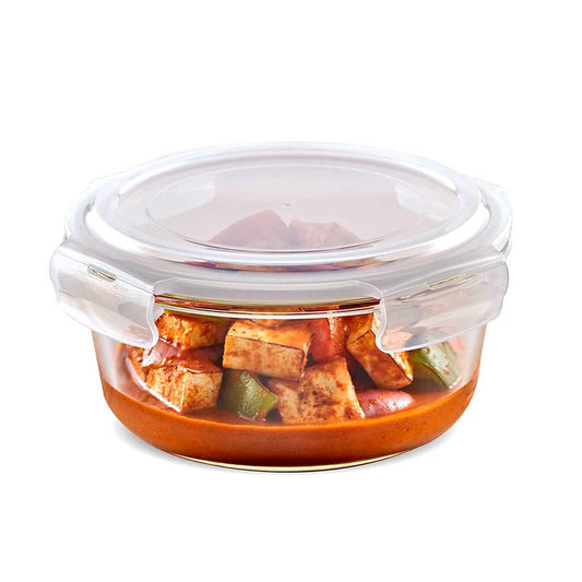 Borosil 400ml Klip n Store Round Glass Food Storage Container with Air Tight Lid | Borosilicate Glass Container for Lunchbox | Microwave & Dishwasher Safe | Transparent