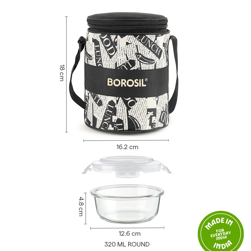 Borosil Nostalgia Borosilicate Glass Lunchbox with Bag | 3 pc Round Container Set (320 ml Each) | Microwave & Dishwasher Safe, Leakproof | Tiffin for Office, School, College | Transparent
