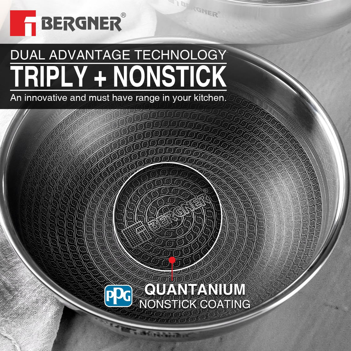 Bergner Hitech Triply Non-Stick 22 cm Tasla, 2.25 L Tasra with Non-Stick Mesh Pattern Inside, Rivetless Handle, Metal Spatula Friendly, Even Heat Distribution, Induction Bottom and Gas Stove Ready