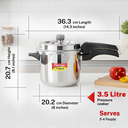 Prestige 3.5 Litre Stainless Steel Deluxe Alpha Svachh Outerlid Pressure Cooker |Deep lid for spillage control|10 years warranty|Gas & Induction compatible|Gasket release system|ISI Certified