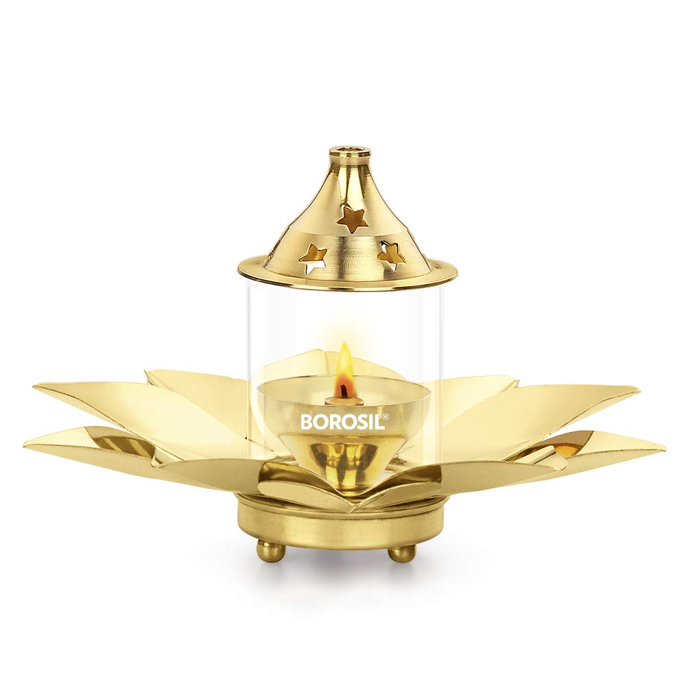 Borosil Small Size Kamal Diya Decorative Brass Glass Oil Lamp | Tea Light Holder | Diya with Borosilicate Glass | Puja Dia for Mandir | Lantern Diya with Glass Cover