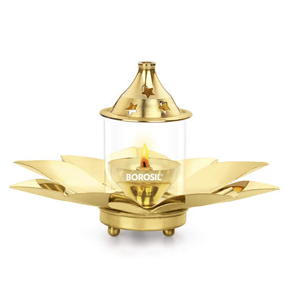 Borosil Small Size Kamal Diya Decorative Brass Glass Oil Lamp | Tea Light Holder | Diya with Borosilicate Glass | Puja Dia for Mandir | Lantern Diya with Glass Cover