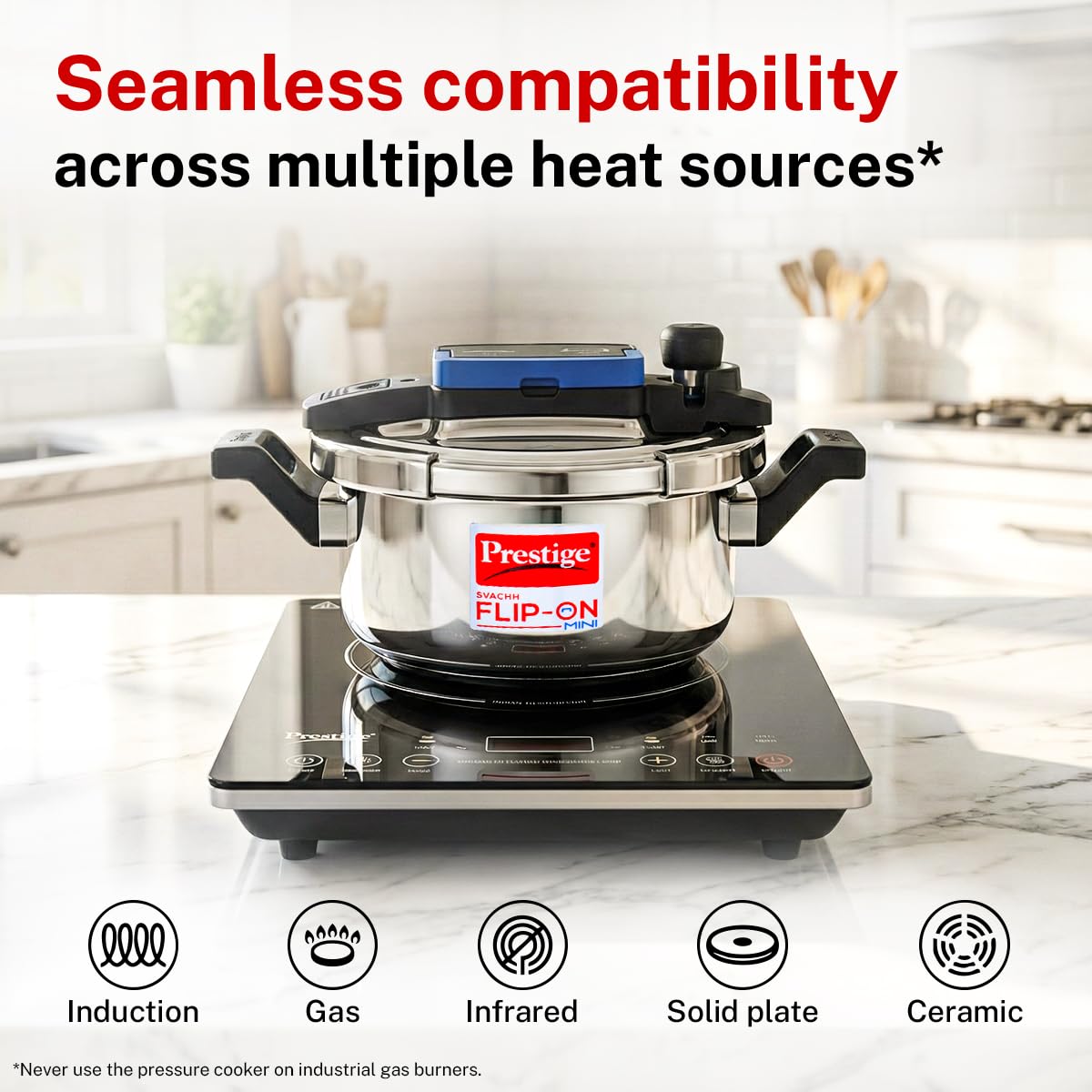 Prestige 2L Svachh FLIP-ON Mini Stainless Steel Pressure Cooker with glass lid|Innovative lock lid with spillage control|Gas & Induction compatible|5 years warranty|Silver